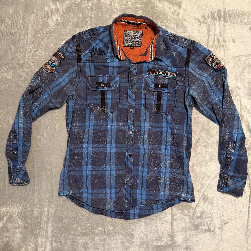 Affliction Black Premium Slim Fit Plaid Button Down Shirt XL Blue Distressed Pat